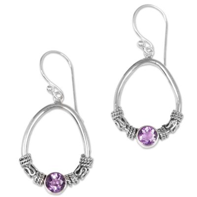 Amethyst dangle earrings, 'Purple Karma Rings' - Amethyst and Sterling Silver Dangle Earrings from Indonesia