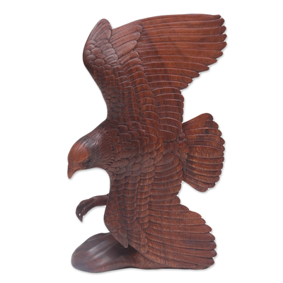 Wood sculpture, 'Flying Brown Eagle ' - Hand Carved Realistic Wood Eagle Sculpture from Bali