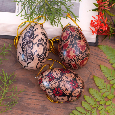 Batik wood ornaments, 'Kawung Eggs' (set of 3) - Hand Made Batik Wood Ornaments (Set of 3) from Indonesia