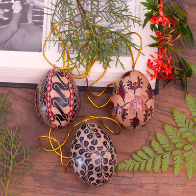 Batik wood ornaments, 'Parang Eggs' (set of 3) - Batik Wood Egg Ornaments (Set of 3) from Indonesia