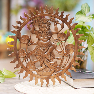 Wood relief panel, 'Solar Ganesha' - Suar Wood Hand Carved Relief Wall Panel of Ganesha