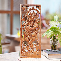 Wood relief panel, 'Ganesha's Vehicle' - Suar Wood Hand Carved Relief Wall Panel of Ganesha and Mouse