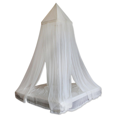 Cotton bed valance, 'Ethereal Illusions' - Handcrafted Off-White Cotton Bed Valance with Bamboo Frame