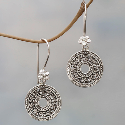 Sterling silver dangle earrings, 'Jepun Coins' - Hand Made Sterling Silver Dangle Earrings Floral Indonesia