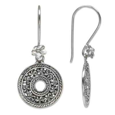 Sterling silver dangle earrings, 'Jepun Coins' - Hand Made Sterling Silver Dangle Earrings Floral Indonesia