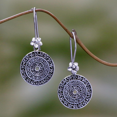 Sterling silver dangle earrings, 'Frangipani Altar' - Hand Made Sterling Silver Dangle Earrings Cicular Indonesia