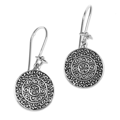 Sterling silver dangle earrings, 'Sacred Petals' - Floral Circular Sterling Silver Dangle Earrings Indonesia