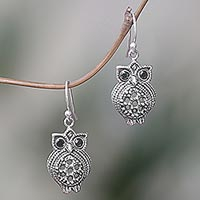Onyx dangle earrings, 'Ebony Eyes' - Sterling Silver Onyx Owl Dangle Earrings from Indonesia