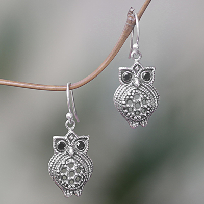 Onyx dangle earrings, 'Ebony Eyes' - Sterling Silver Onyx Owl Dangle Earrings from Indonesia