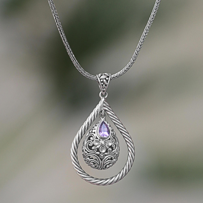 Amethyst pendant necklace, 'Floral Perception in Purple' - Sterling Silver Amethyst Floral Pendant Necklace Indonesia