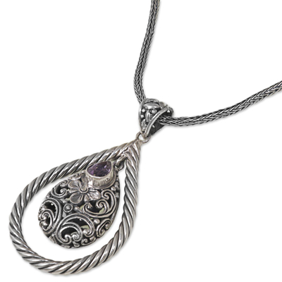 Amethyst pendant necklace, 'Floral Perception in Purple' - Sterling Silver Amethyst Floral Pendant Necklace Indonesia