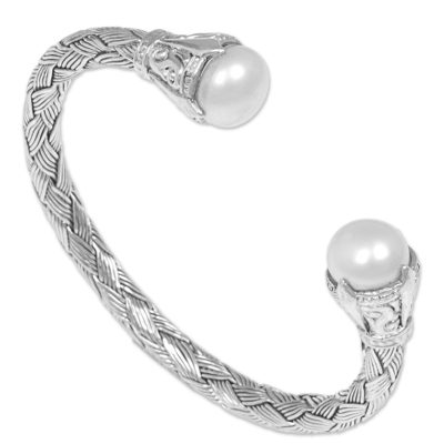 Cultured pearl cuff bracelet, 'Classic Story' - Sterling Silver and Cultured Pearl Cuff Bracelet