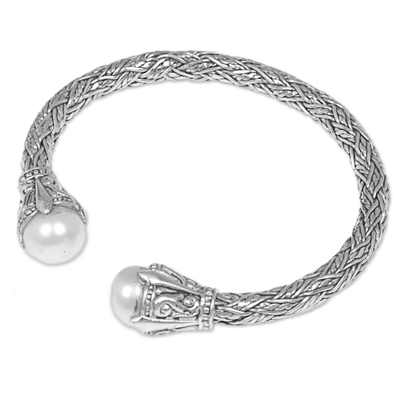 Cultured pearl cuff bracelet, 'Intricacy' - Sterling Silver and Cultured Pearl Cuff Bracelet