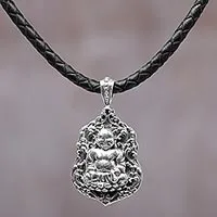 Sterling silver pendant necklace, 'Pu-Tai Buddha' - Sterling Silver Leather Buddha Pendant Necklace Indonesia