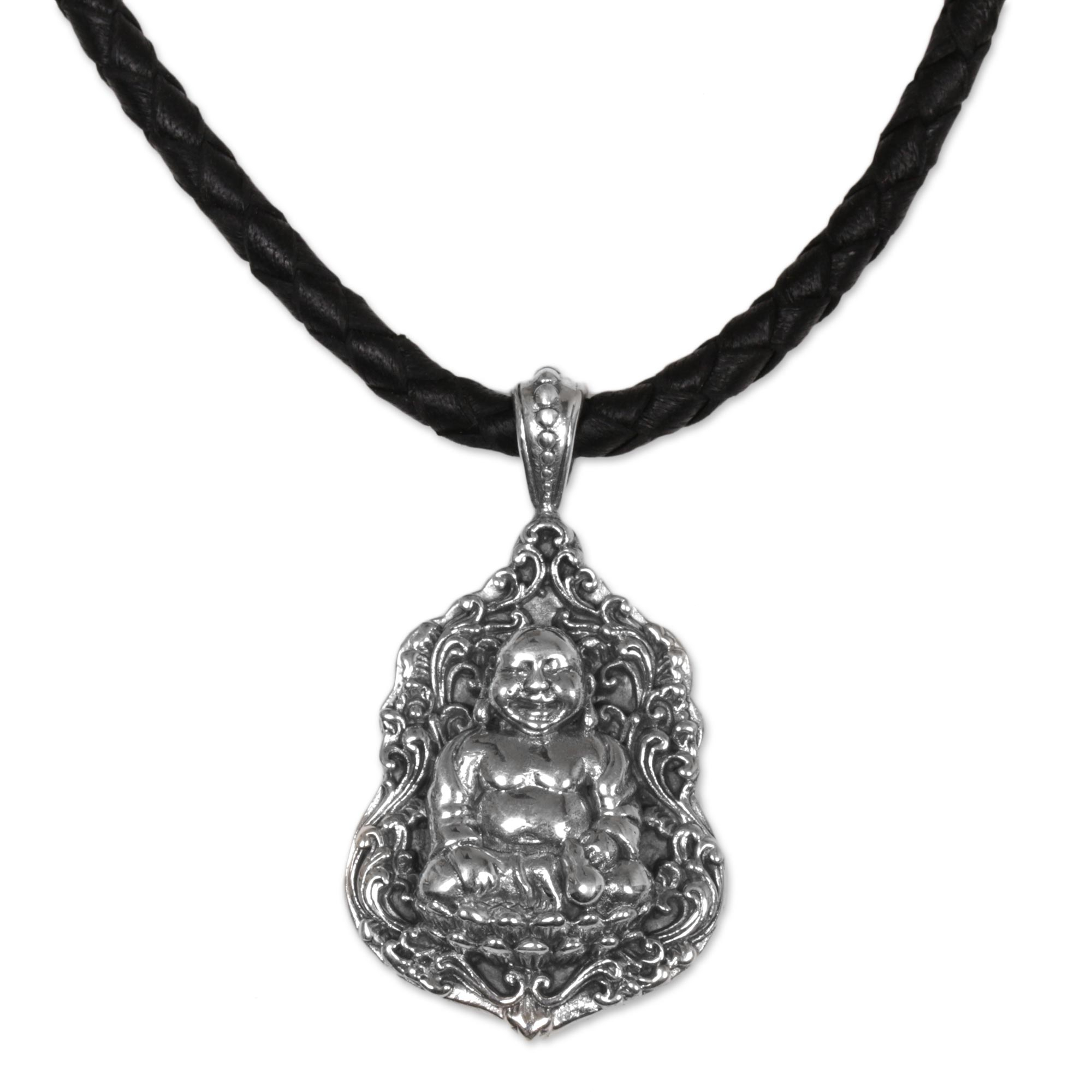 Sterling Silver Leather Buddha Pendant Necklace Indonesia - Pu-Tai ...