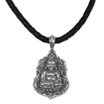 Sterling silver pendant necklace, 'Pu-Tai Buddha' - Sterling Silver Leather Buddha Pendant Necklace Indonesia