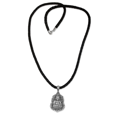 Sterling silver pendant necklace, 'Pu-Tai Buddha' - Sterling Silver Leather Buddha Pendant Necklace Indonesia