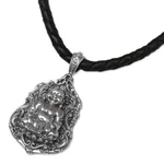 Sterling silver pendant necklace, 'Pu-Tai Buddha' - Sterling Silver Leather Buddha Pendant Necklace Indonesia