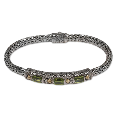 Gold accent peridot braided bracelet, 'Bedugul Temple' - Peridot and Sterling Silver Bracelet with 18k Gold Accents