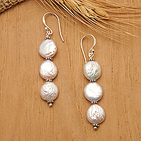 Cultured pearl dangle earrings, 'Moon Alignment' - Hand Made Cultured Pearl Dangle Earrings from Bali