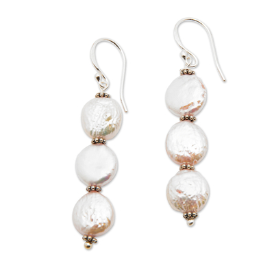 Cultured pearl dangle earrings, 'Moon Alignment' - Hand Made Cultured Pearl Dangle Earrings from Bali
