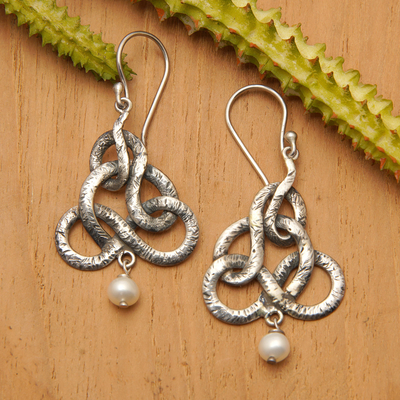 Cultured pearl dangle earrings, 'Snaking Road' - Sterling Silver and Cultured Pearl Dangle Earrings Indonesia