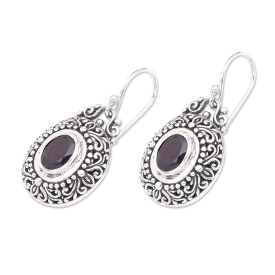 Garnet dangle earrings, 'Crimson Fables' - Sterling Silver Garnet Dangle Earrings Spiral Indonesia
