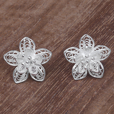 Sterling silver filigree button earrings, 'Enticing Blossoms' - Sterling Silver Floral Filigree Button Earrings Indonesia