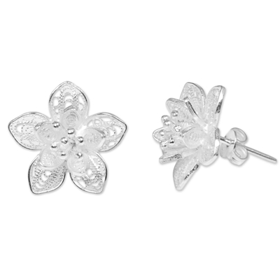 Sterling silver filigree button earrings, 'Enticing Blossoms' - Sterling Silver Floral Filigree Button Earrings Indonesia