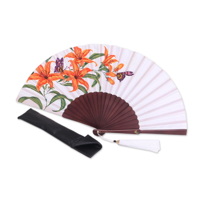 Silk and mahogany wood fan, 'Empress Garden in Eggshell' - Silk and Wood Fan Floral Motifs on Eggshell from Indonesia
