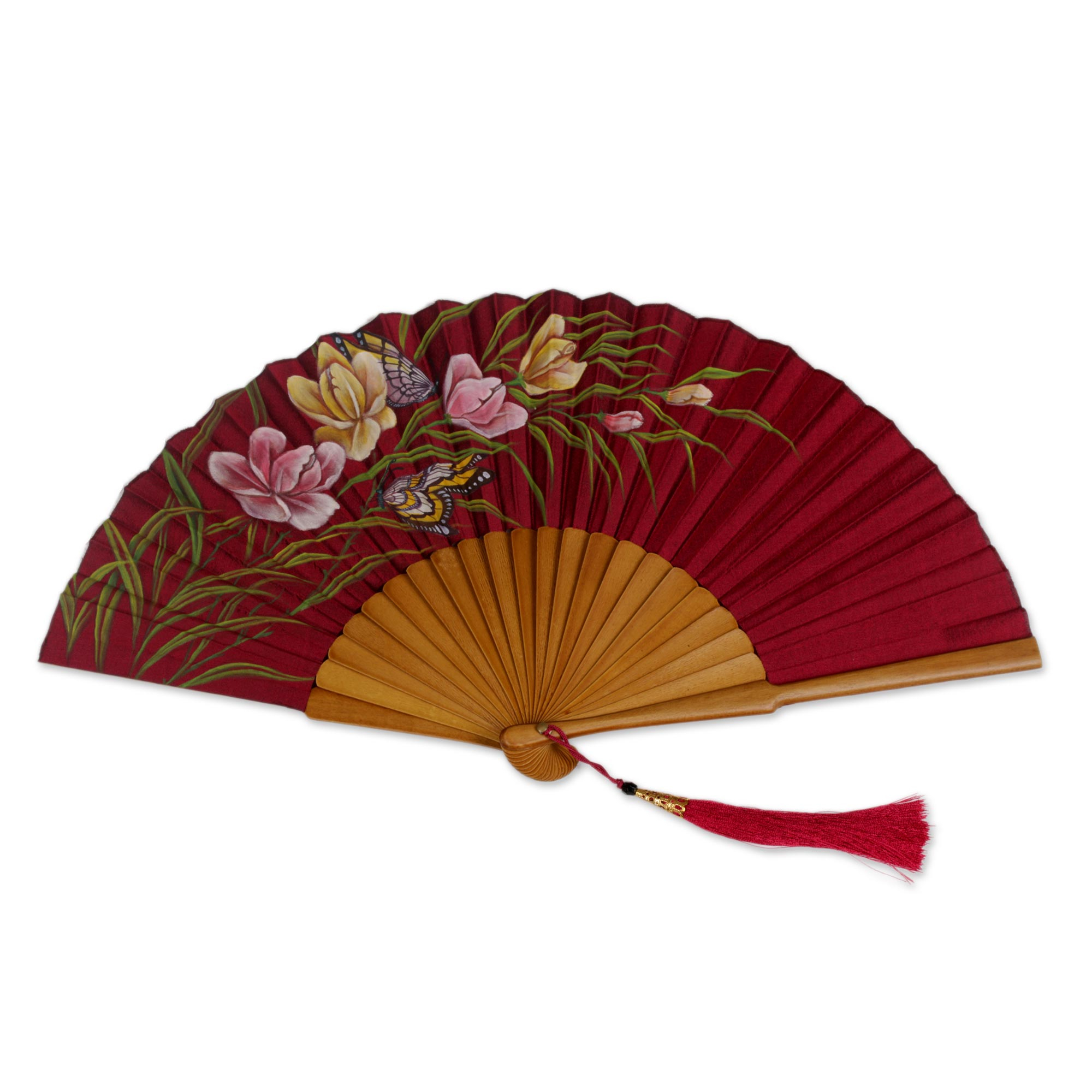 Silk and Wood Fan Floral Motifs in Maroon from Indonesia - Empress ...