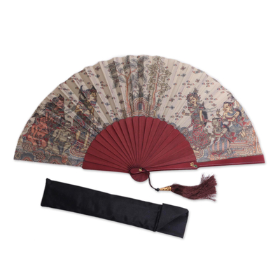 Silk and mahogany wood fan, 'Rama Sita' - Silk and Wood Fan with Hindu Motifs in Wheat and Crimson