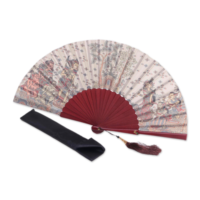 Silk and mahogany wood fan, 'Rama Sita' - Silk and Wood Fan with Hindu Motifs in Wheat and Crimson