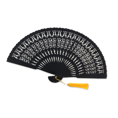 Wood fan, 'Serenity Bloom in Black' - Hand Made Wood Fan in Black with Pouch from Indonesia