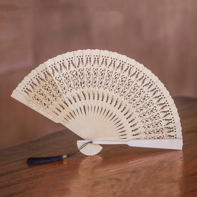 Wood fan, 'Serenity Bloom in Natural' - Hand Made Wood Fan in Natural with Pouch from Indonesia