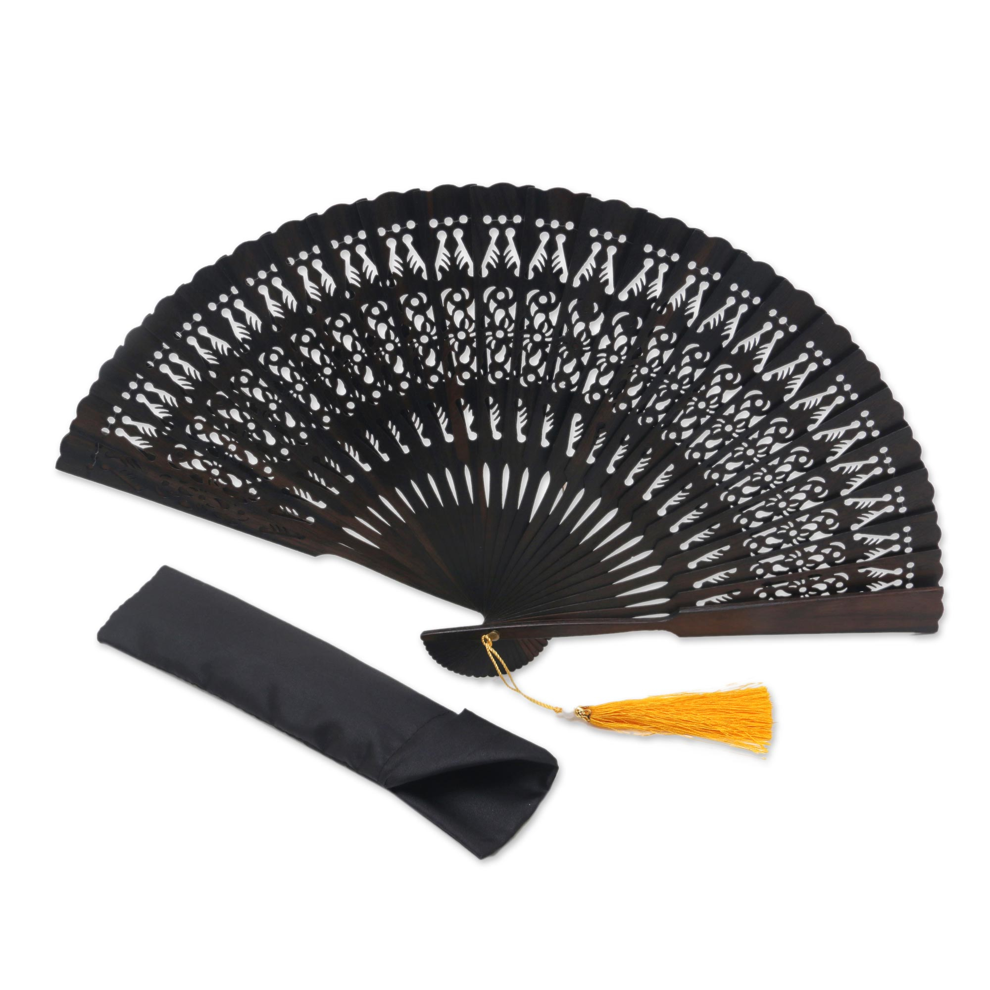 Hand Made Ebony Wood Fan with Pouch from Indonesia - Serenity Bloom in ...