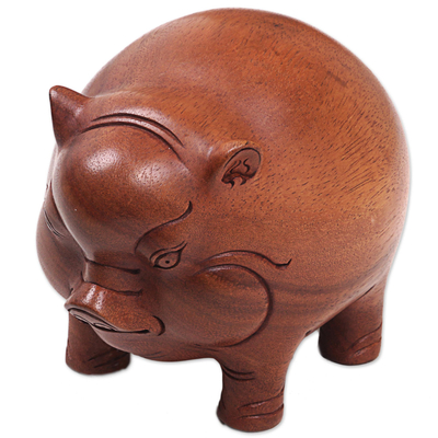 Wood statuette, 'Round Piglet' - Artisan Crafted Suar Wood Statuette of Piglet from Bali