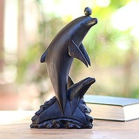 Wood statuette, 'Dancing Dolphin'