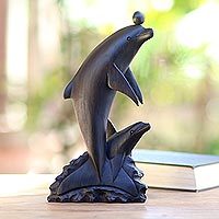 Wood statuette, 'Dancing Dolphin' - Balinese Hand Carved Wood Statuette of Dolphins in Black