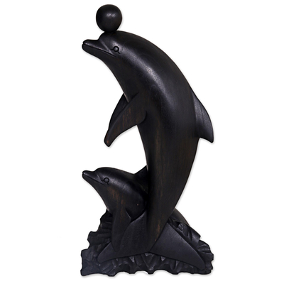 Balinese Hand Carved Wood Statuette of Dolphins in Black
