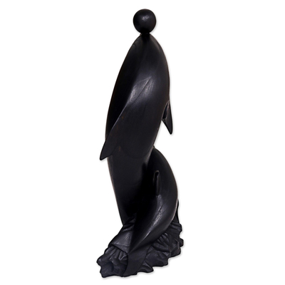 Wood statuette, 'Dancing Dolphin' - Balinese Hand Carved Wood Statuette of Dolphins in Black