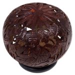 Coconut shell sculpture, 'Buddha's Lore' - Coconut Shell Sculpture on Stand with Buddha Carving