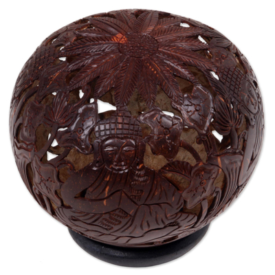 Coconut Shell Sculpture on Stand with Buddha Carving