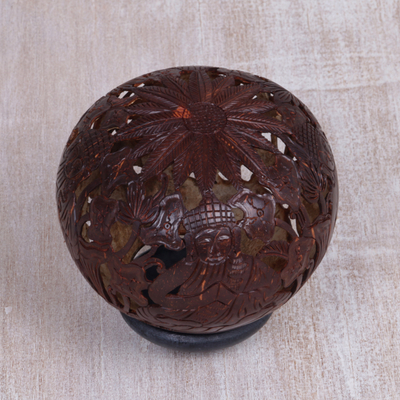 Coconut shell sculpture, 'Buddha's Lore' - Coconut Shell Sculpture on Stand with Buddha Carving