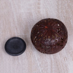 Coconut shell sculpture, 'Buddha's Lore' - Coconut Shell Sculpture on Stand with Buddha Carving