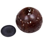Coconut shell sculpture, 'Buddha's Lore' - Coconut Shell Sculpture on Stand with Buddha Carving