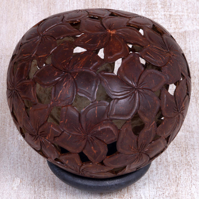 Coconut shell sculpture, 'Jepun Haven' - Coconut Shell Sculpture on Stand with Jepun Flowers Carving