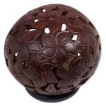 Coconut shell sculpture, 'Jepun Haven' - Coconut Shell Sculpture on Stand with Jepun Flowers Carving