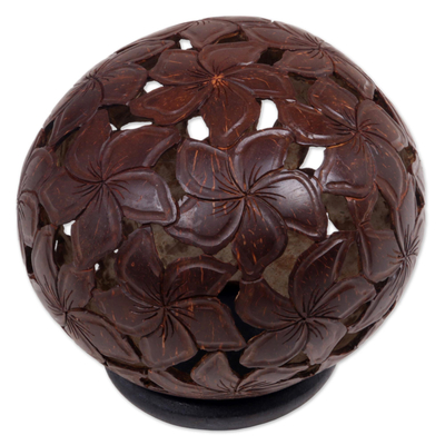 Coconut Shell Sculpture on Stand with Jepun Flowers Carving