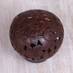 Coconut shell sculpture, 'Jepun Haven' - Coconut Shell Sculpture on Stand with Jepun Flowers Carving